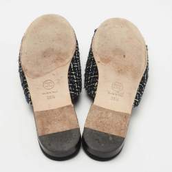 Chanel Black/Green Tweed and Fabric CC Camelia Flat Mules Size 38.5