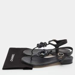 Pre Owned Chanel Black Patent and Leather CC Camellia T-Strap Sandals Size 37.5