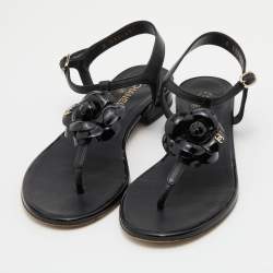 Pre Owned Chanel Black Patent and Leather CC Camellia T-Strap Sandals Size 37.5