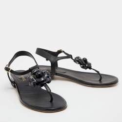 Pre Owned Chanel Black Patent and Leather CC Camellia T-Strap Sandals Size 37.5