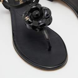Pre Owned Chanel Black Patent and Leather CC Camellia T-Strap Sandals Size 37.5