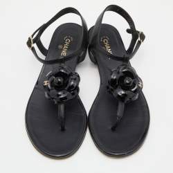 Pre Owned Chanel Black Patent and Leather CC Camellia T-Strap Sandals Size 37.5