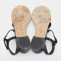 Pre Owned Chanel Black Patent and Leather CC Camellia T-Strap Sandals Size 37.5
