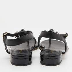 Pre Owned Chanel Black Patent and Leather CC Camellia T-Strap Sandals Size 37.5