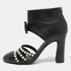 Chanel Black Leather Bow Pearl Embellished Cut Out Ankle Booties Size 42