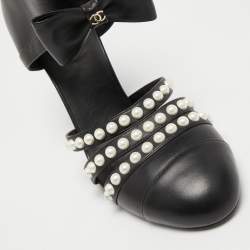 Chanel Black Leather Bow Pearl Embellished Cut Out Ankle Booties Size 42