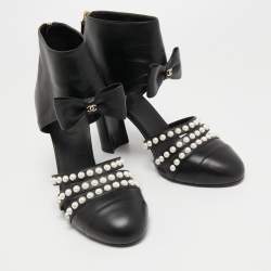 Chanel Black Leather Bow Pearl Embellished Cut Out Ankle Booties Size 42