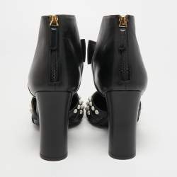 Chanel Black Leather Bow Pearl Embellished Cut Out Ankle Booties Size 42