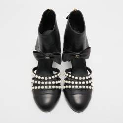 Chanel Black Leather Bow Pearl Embellished Cut Out Ankle Booties Size 42