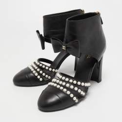 Chanel Black Leather Bow Pearl Embellished Cut Out Ankle Booties Size 42