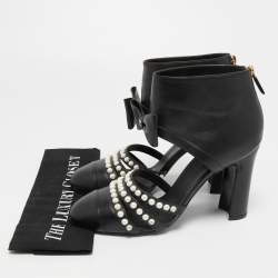 Chanel Black Leather Bow Pearl Embellished Cut Out Ankle Booties Size 42