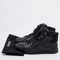 Pre Owned Chanel Black Leather CC Chain Link High Top Sneakers Size 35