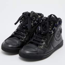 Pre Owned Chanel Black Leather CC Chain Link High Top Sneakers Size 35