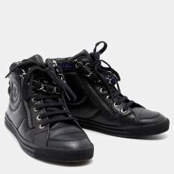 Pre Owned Chanel Black Leather CC Chain Link High Top Sneakers Size 35
