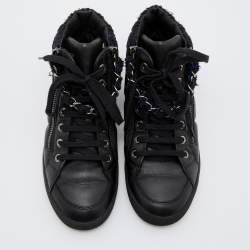Pre Owned Chanel Black Leather CC Chain Link High Top Sneakers Size 35