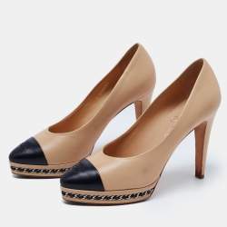 Pre Owned Chanel Beige/Black Leather Cap Toe Chain Link Pumps Size 39