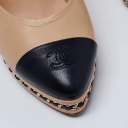 Pre Owned Chanel Beige/Black Leather Cap Toe Chain Link Pumps Size 39