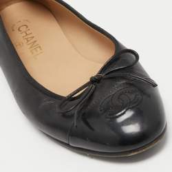 Chanel Black Leather and Patent CC Cap Toe Bow Ballet Flats Size 38
