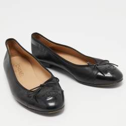 Chanel Black Leather and Patent CC Cap Toe Bow Ballet Flats Size 38