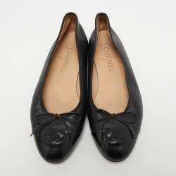 Chanel Black Leather and Patent CC Cap Toe Bow Ballet Flats Size 38