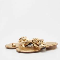 Chanel Gold Leather Camellia Toe Ring Sandals Size 36