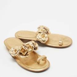 Chanel Gold Leather Camellia Toe Ring Sandals Size 36