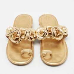 Chanel Gold Leather Camellia Toe Ring Sandals Size 36