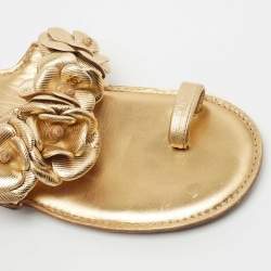 Chanel Gold Leather Camellia Toe Ring Sandals Size 36