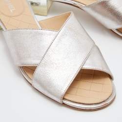 Chanel Metallic Beige Leather Cross Strap Slide Sandals Size 39