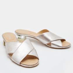 Chanel Metallic Beige Leather Cross Strap Slide Sandals Size 39