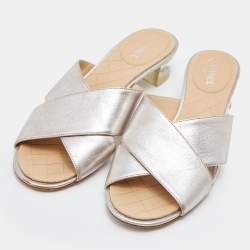 Chanel Metallic Beige Leather Cross Strap Slide Sandals Size 39