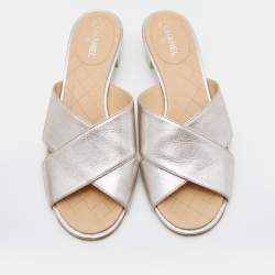 Chanel Metallic Beige Leather Cross Strap Slide Sandals Size 39