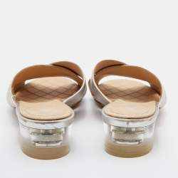 Chanel Metallic Beige Leather Cross Strap Slide Sandals Size 39