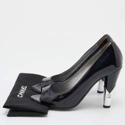 Pre Owned Chanel Black Patent Leather CC Open Toe Pumps Size 36