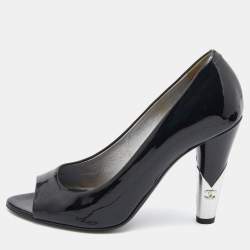 Pre Owned Chanel Black Patent Leather CC Open Toe Pumps Size 36
