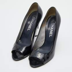 Pre Owned Chanel Black Patent Leather CC Open Toe Pumps Size 36