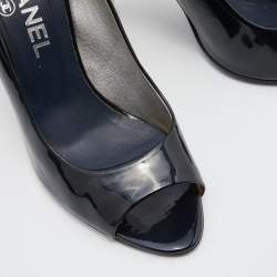 Pre Owned Chanel Black Patent Leather CC Open Toe Pumps Size 36