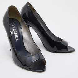 Pre Owned Chanel Black Patent Leather CC Open Toe Pumps Size 36