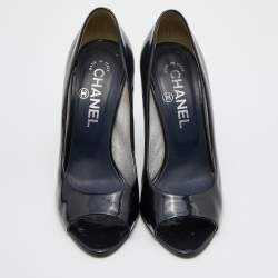 Pre Owned Chanel Black Patent Leather CC Open Toe Pumps Size 36