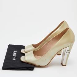Pre Owned Chanel Pale Green Leather CC Open Toe Pumps Size 36.5
