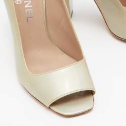 Pre Owned Chanel Pale Green Leather CC Open Toe Pumps Size 36.5