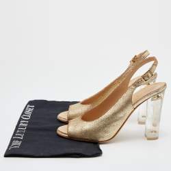 Pre Owned Chanel Gold Crackled Leather CC Open Toe Slingback Pumps Size 38.5