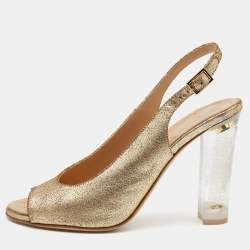 Pre Owned Chanel Gold Crackled Leather CC Open Toe Slingback Pumps Size 38.5