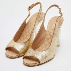 Pre Owned Chanel Gold Crackled Leather CC Open Toe Slingback Pumps Size 38.5