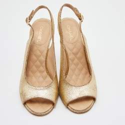 Pre Owned Chanel Gold Crackled Leather CC Open Toe Slingback Pumps Size 38.5
