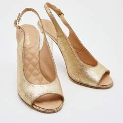 Pre Owned Chanel Gold Crackled Leather CC Open Toe Slingback Pumps Size 38.5