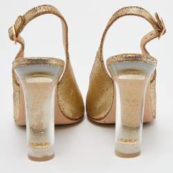 Pre Owned Chanel Gold Crackled Leather CC Open Toe Slingback Pumps Size 38.5
