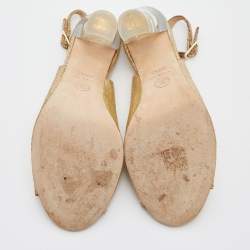 Pre Owned Chanel Gold Crackled Leather CC Open Toe Slingback Pumps Size 38.5