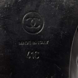 Pre Owned Chanel Black Leather and Canvas Cap Toe Fold Over Logo Ankle Boots Size 41