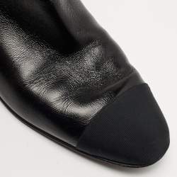 Pre Owned Chanel Black Leather and Canvas Cap Toe Fold Over Logo Ankle Boots Size 41